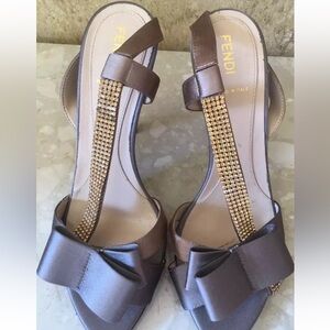 Authentic Fendi Satin Peep Toe Heels W/ Jeweled Stones Clasp